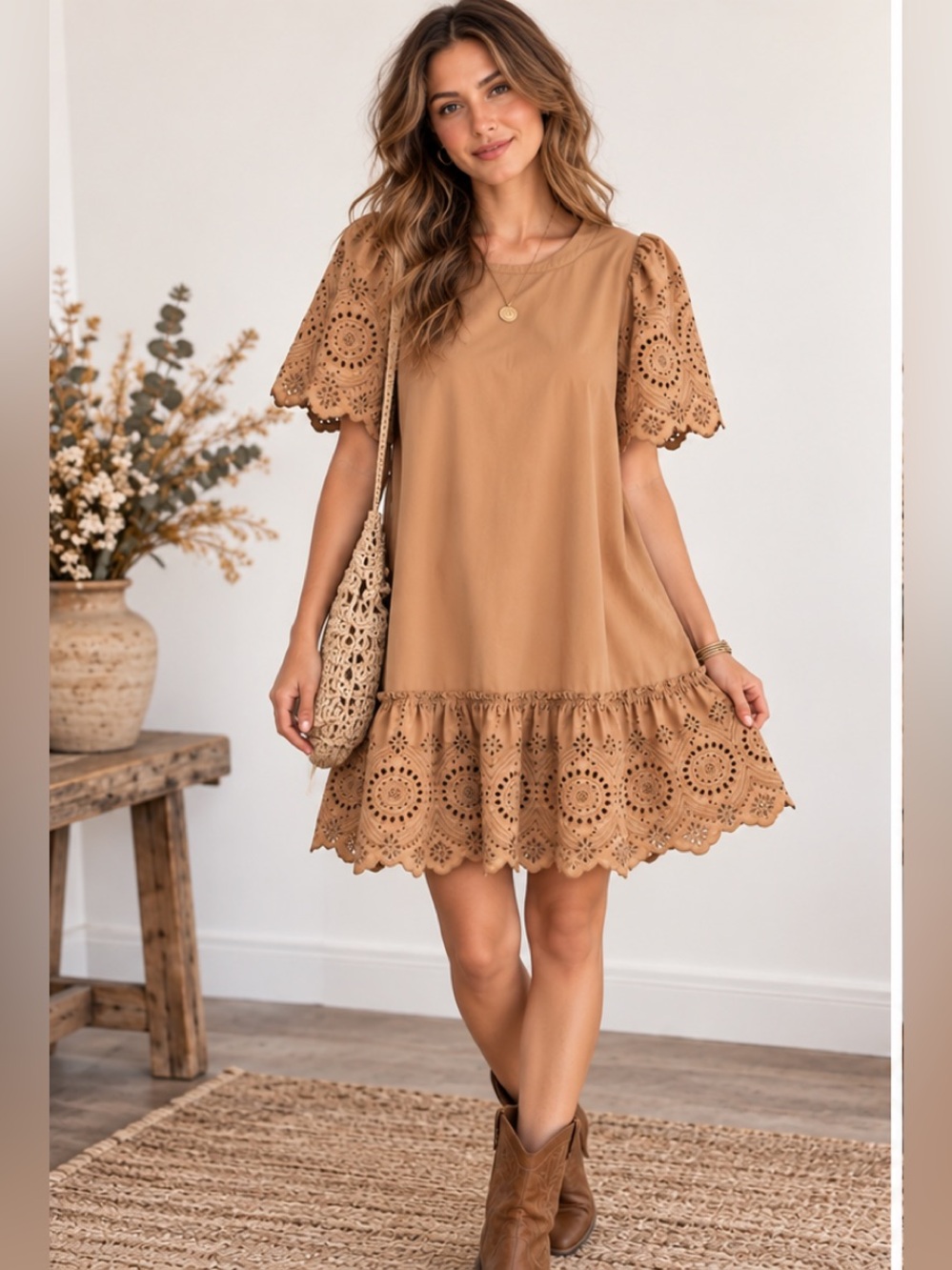 Moon River Tan Eyelet Puff Sleeves Cottagecore Bohemian Dress Medium
